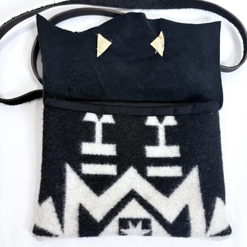 VTG Handmade Black Leather Festival Bag Geometric Wool Agate Renfair Witchy Goth